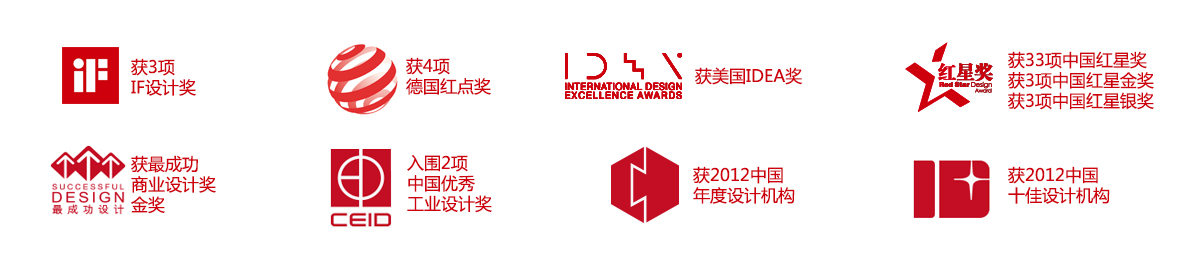 獲IF設計獎德國紅點獎美國IDEA獎中國紅星金獎中國紅星銀獎最成功商業(yè)設計獎金獎中國優(yōu)秀工業(yè)設計獎2012年年度設計機構2012中國十佳設計機構